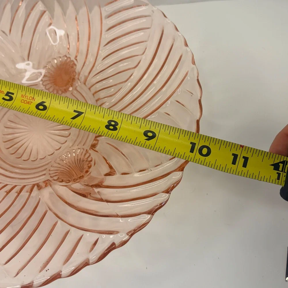 Vintage Pink Depression Glass Swirl Footed Bowl 10.5 Inch Scalloped Centerpiece